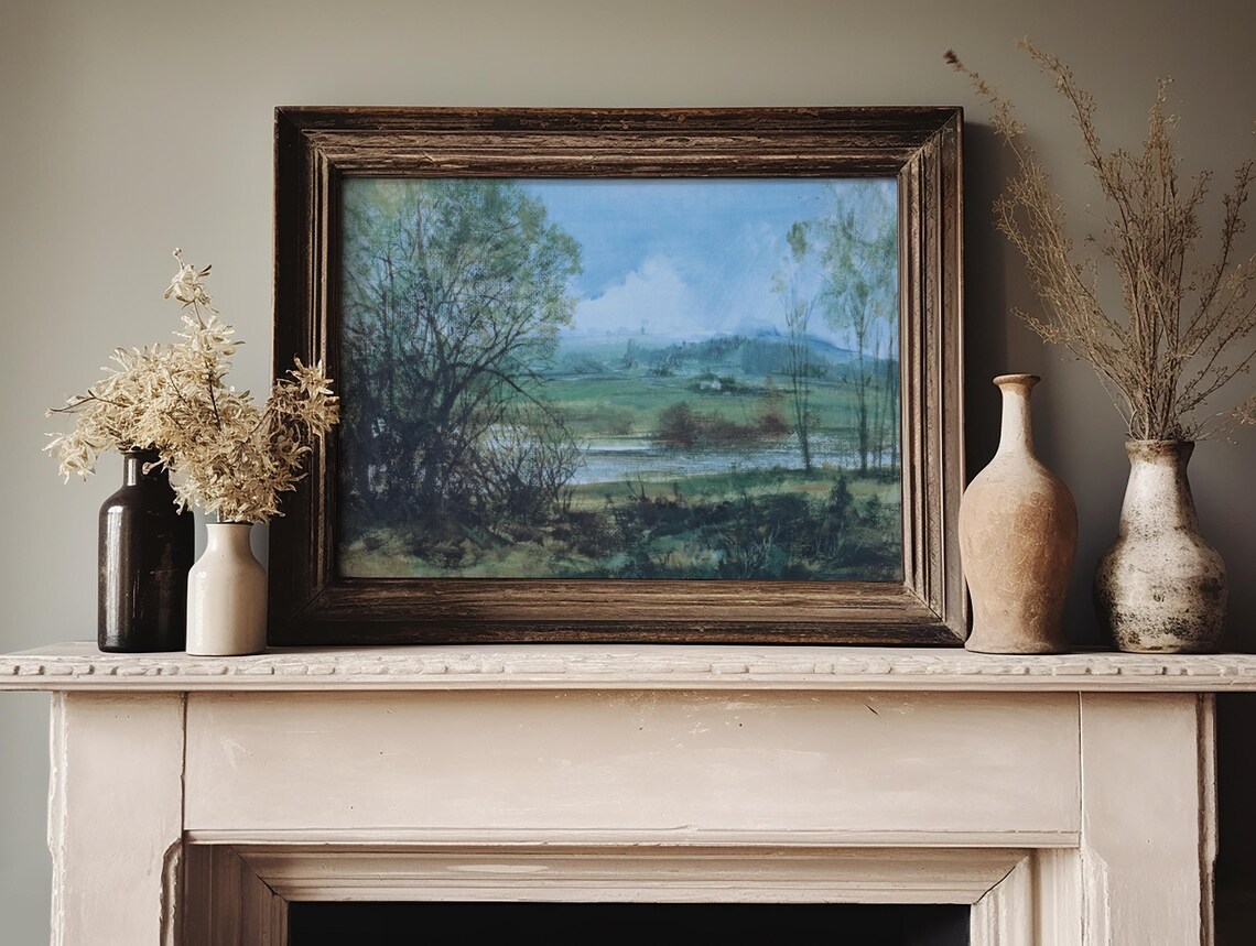 Serene Countryside River Landscape Trees Blue Sky Oil Art Poster - Image 3