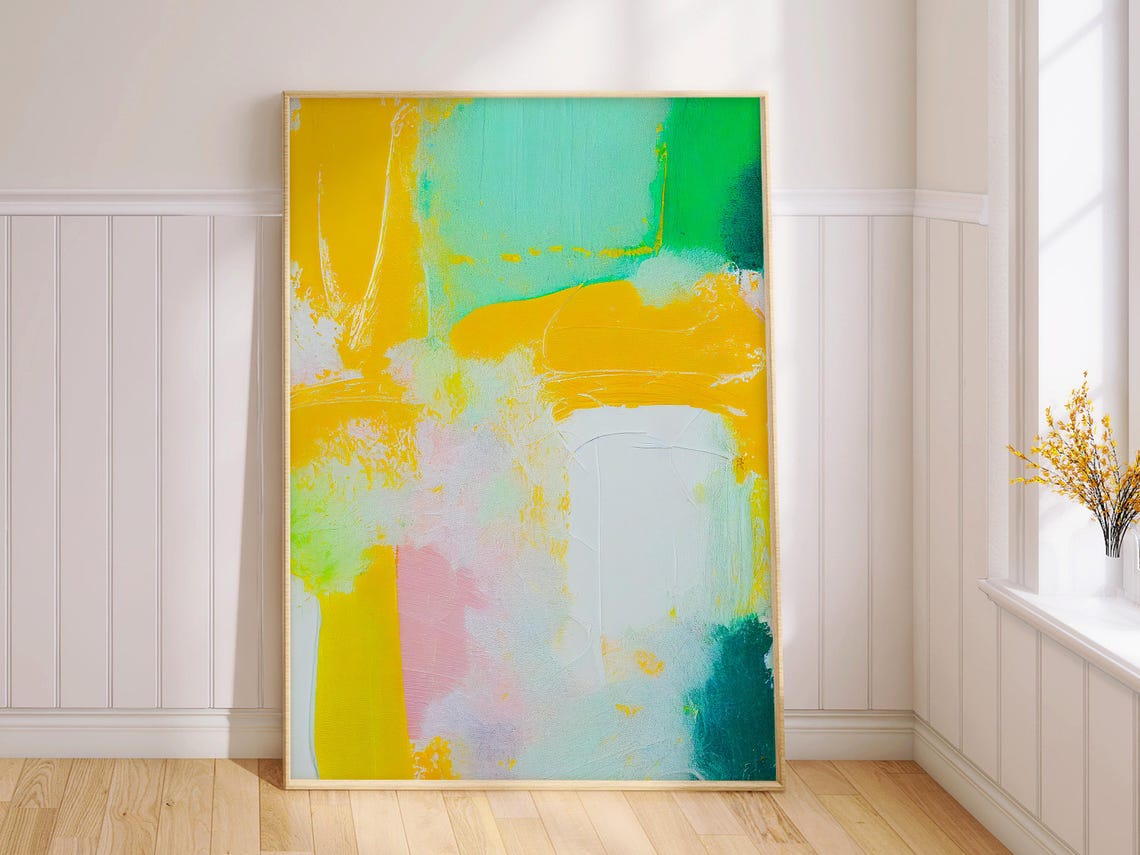Soft Yellow Mint Green Pastel Brushstroke Abstract Painting Poster - Image 2