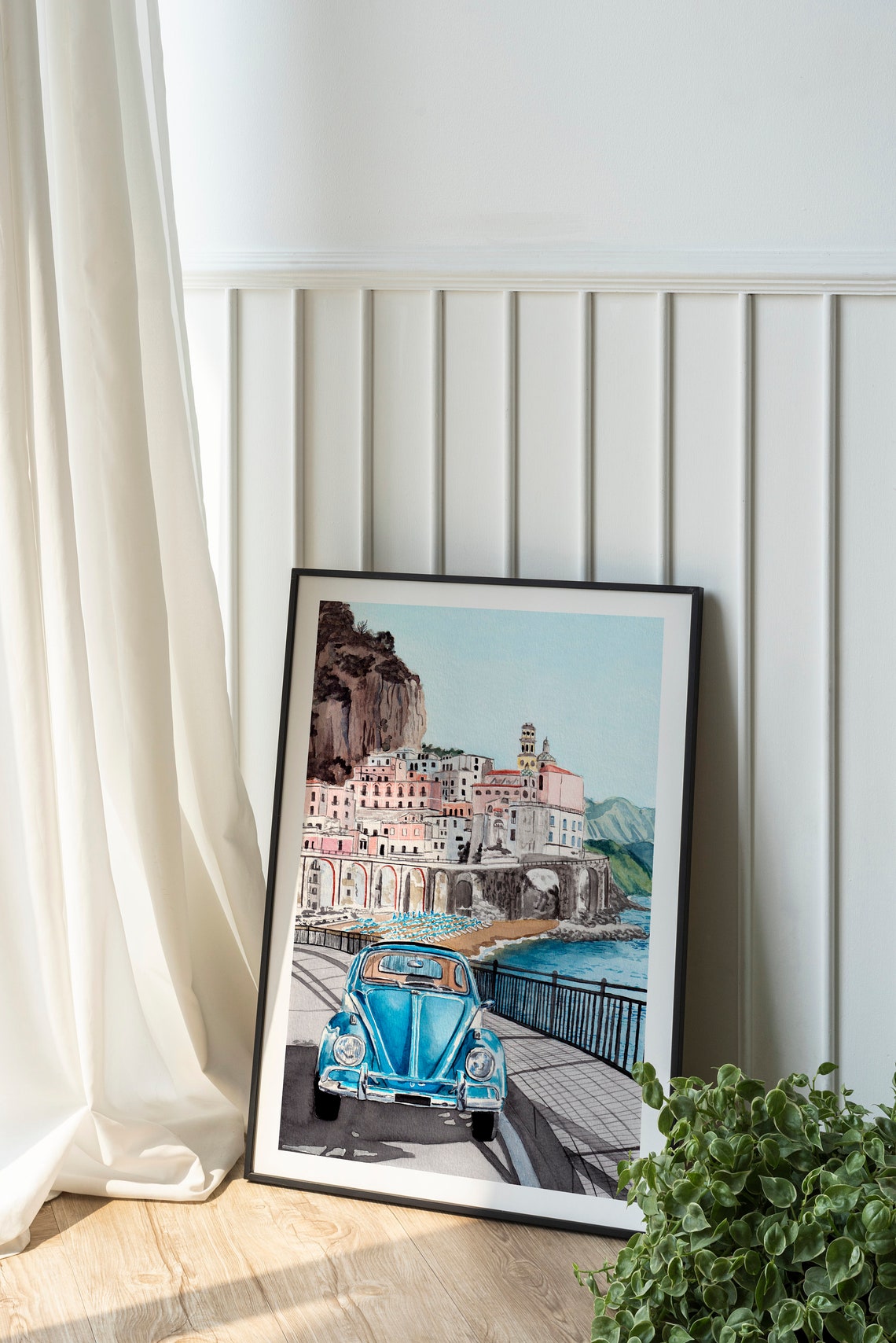 Atrani Amalfi Coast Blue Beetle On Clifftop Road Watercolor Poster - Image 2