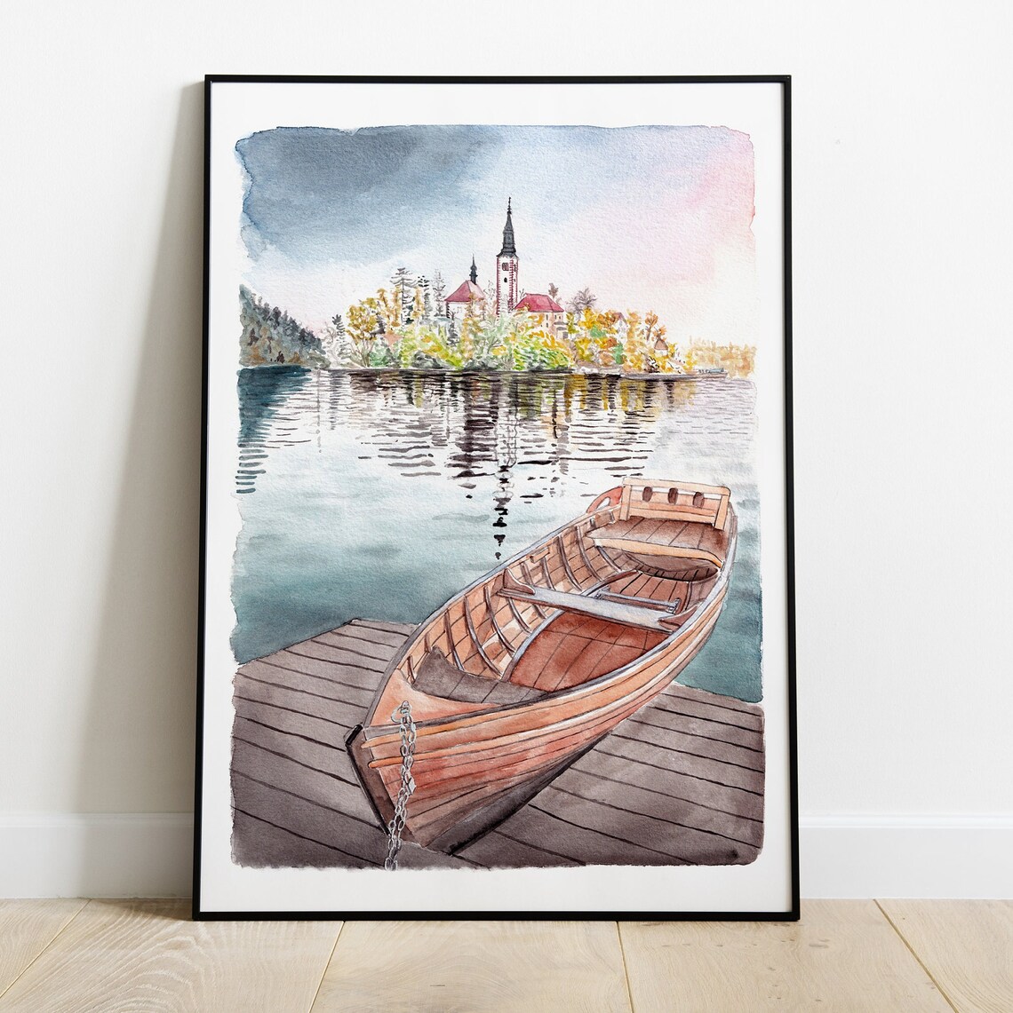 Lake Bled Slovenia Watercolor Wooden Rowboat and Island Church Poster - Image 2