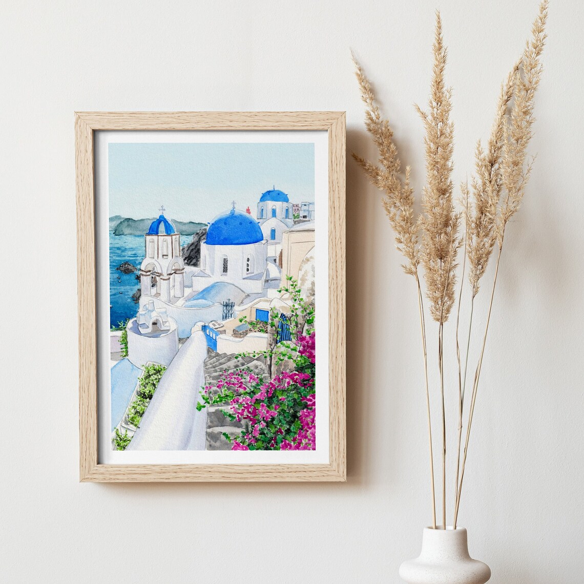 Santorini Watercolor Travel Poster, Greece Cityscape - Image 3