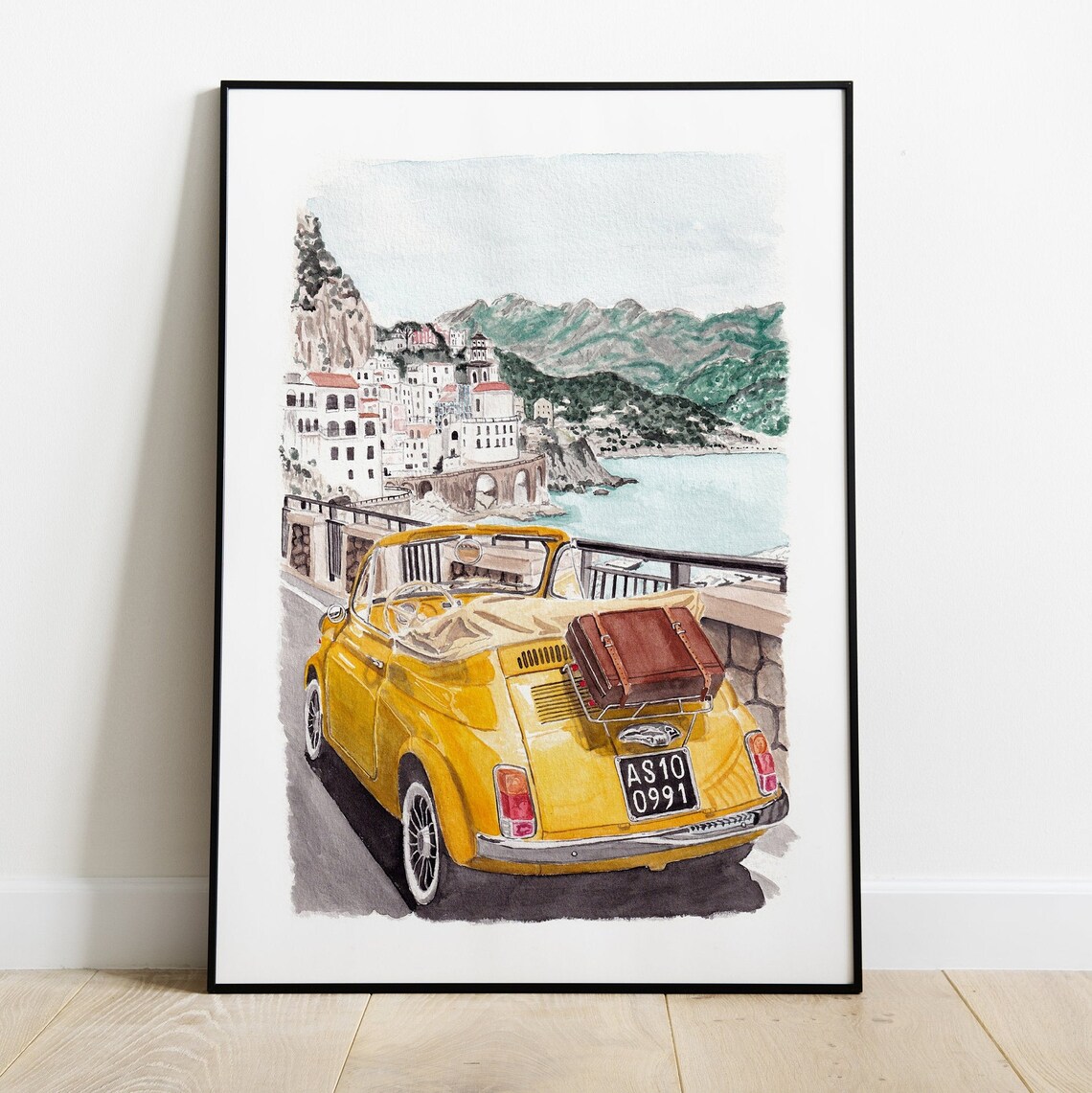 Vintage Yellow Fiat Convertible Positano Amalfi Coast Travel Poster - Image 2