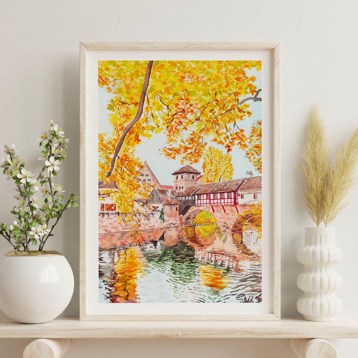 Nuremberg Autumn Old Town Bridge River Reflection Watercolor Poster - Image 3