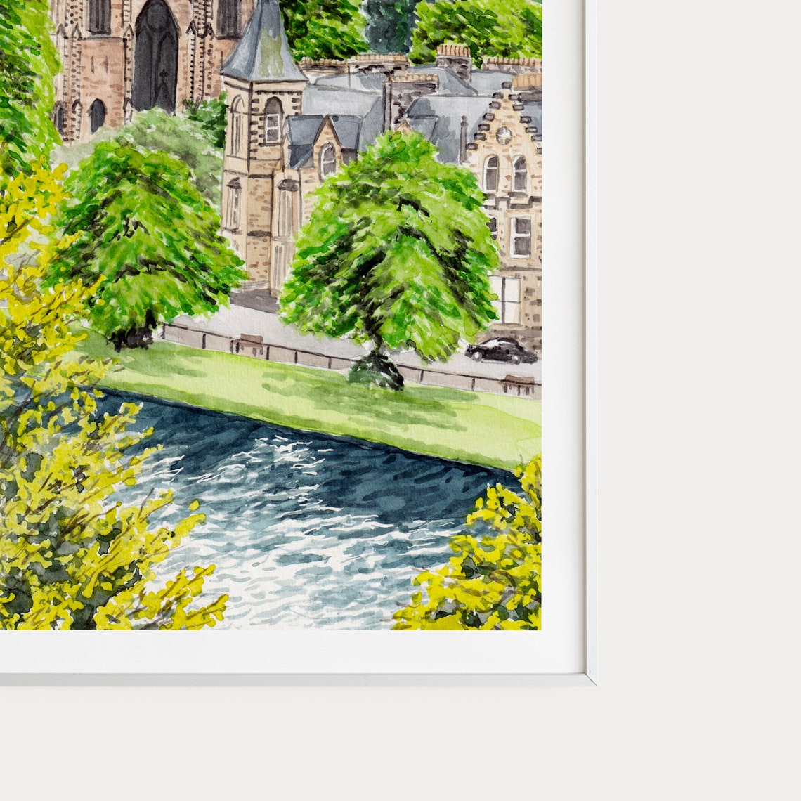 Inverness Scotland Cathedral Riverside Trees Watercolor Poster - Image 2