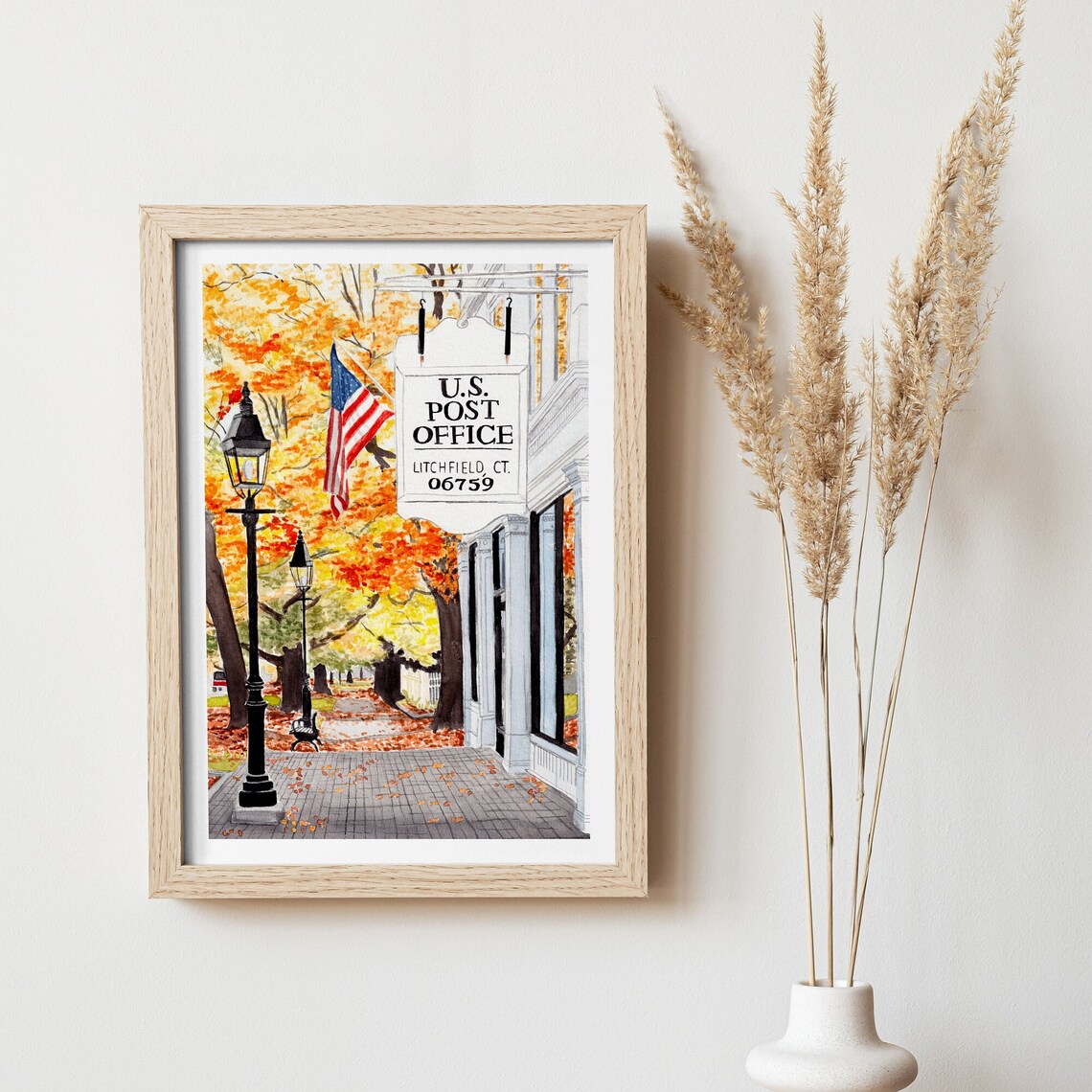 Litchfield Watercolor Travel Poster, Connecticut Cityscape - Image 3