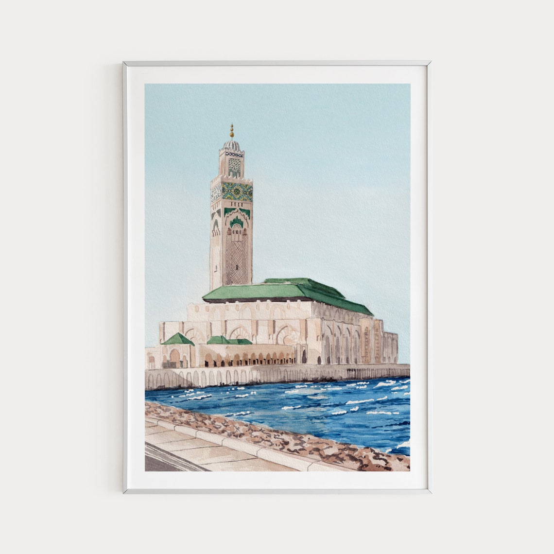 Hassan II Mosque Casablanca Waterfront Morocco Watercolor Poster