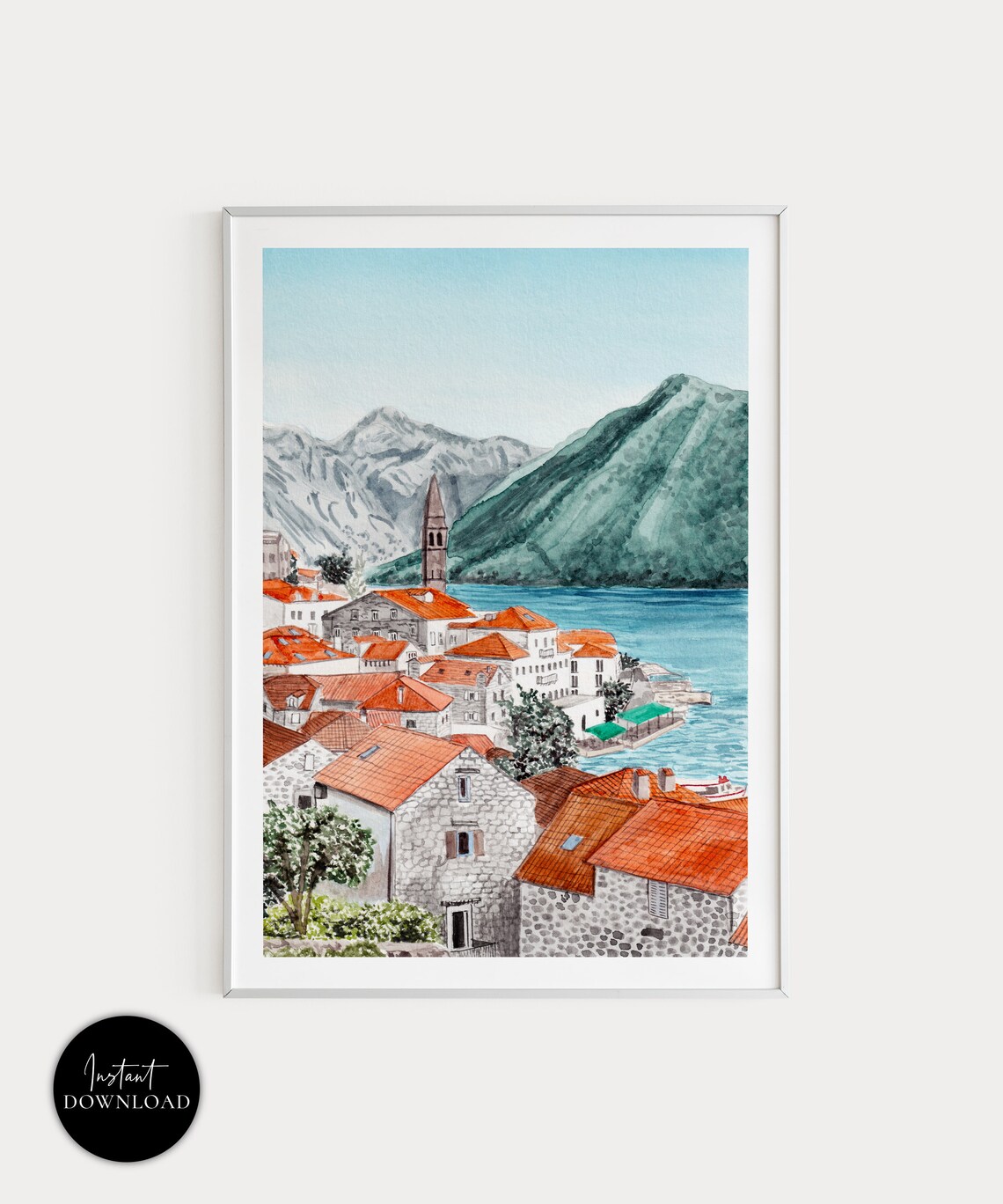 Perast, Montenegro Watercolor Landscape Travel Poster