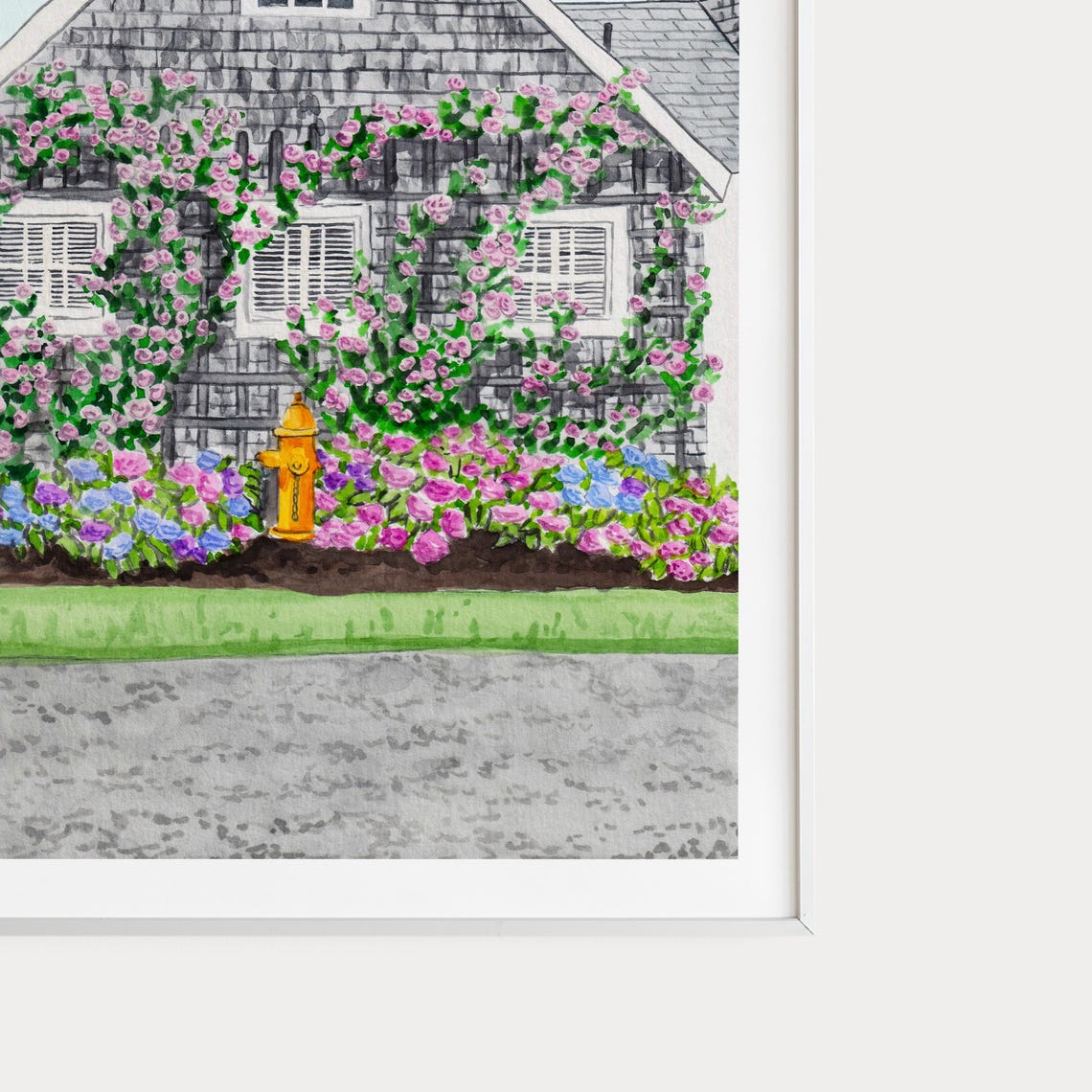 Nantucket Grey Shingle House Roses Yellow Hydrant Flag Poster - Image 2