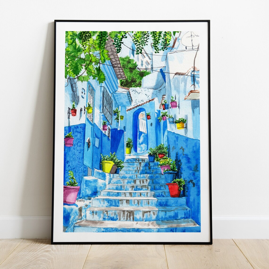 Chefchaouen Watercolor Travel Poster, Morocco Blue City - Image 2