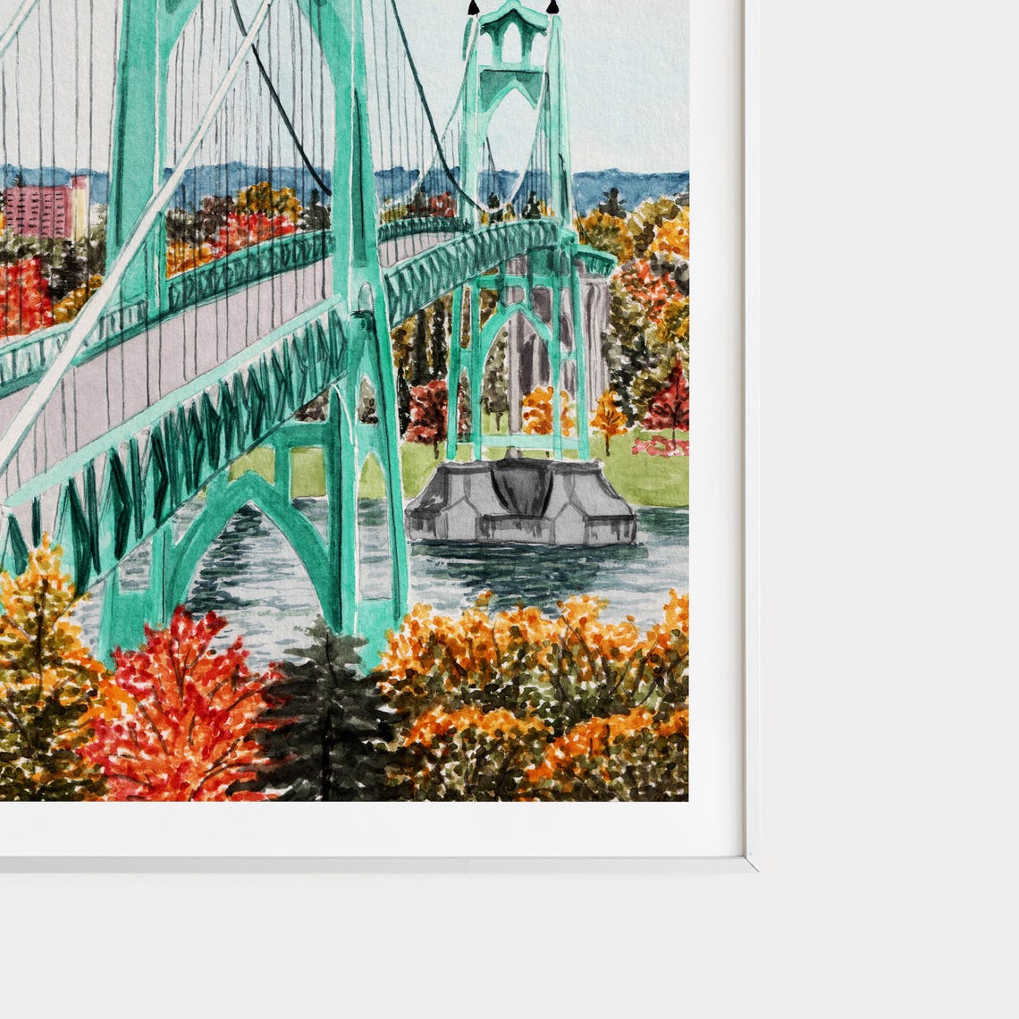 Portland St Johns Bridge Watercolor Autumn Foliage Oregon Poster - Image 3