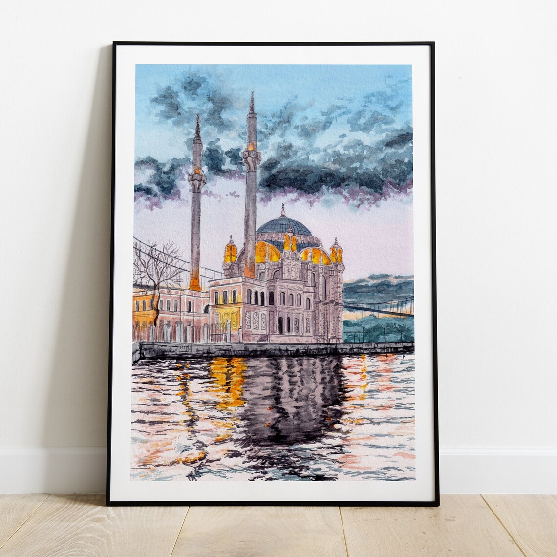 Istanbul Watercolor Cityscape, Ortakoy Mosque Travel Poster - Image 2