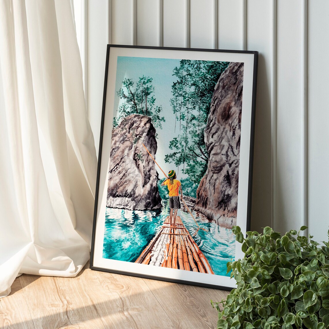Jamaica Bamboo Rafting Watercolor Travel Poster - Image 3