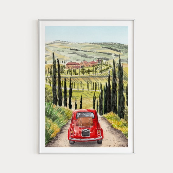 Tuscany Watercolor Travel Poster, Italy Landscape