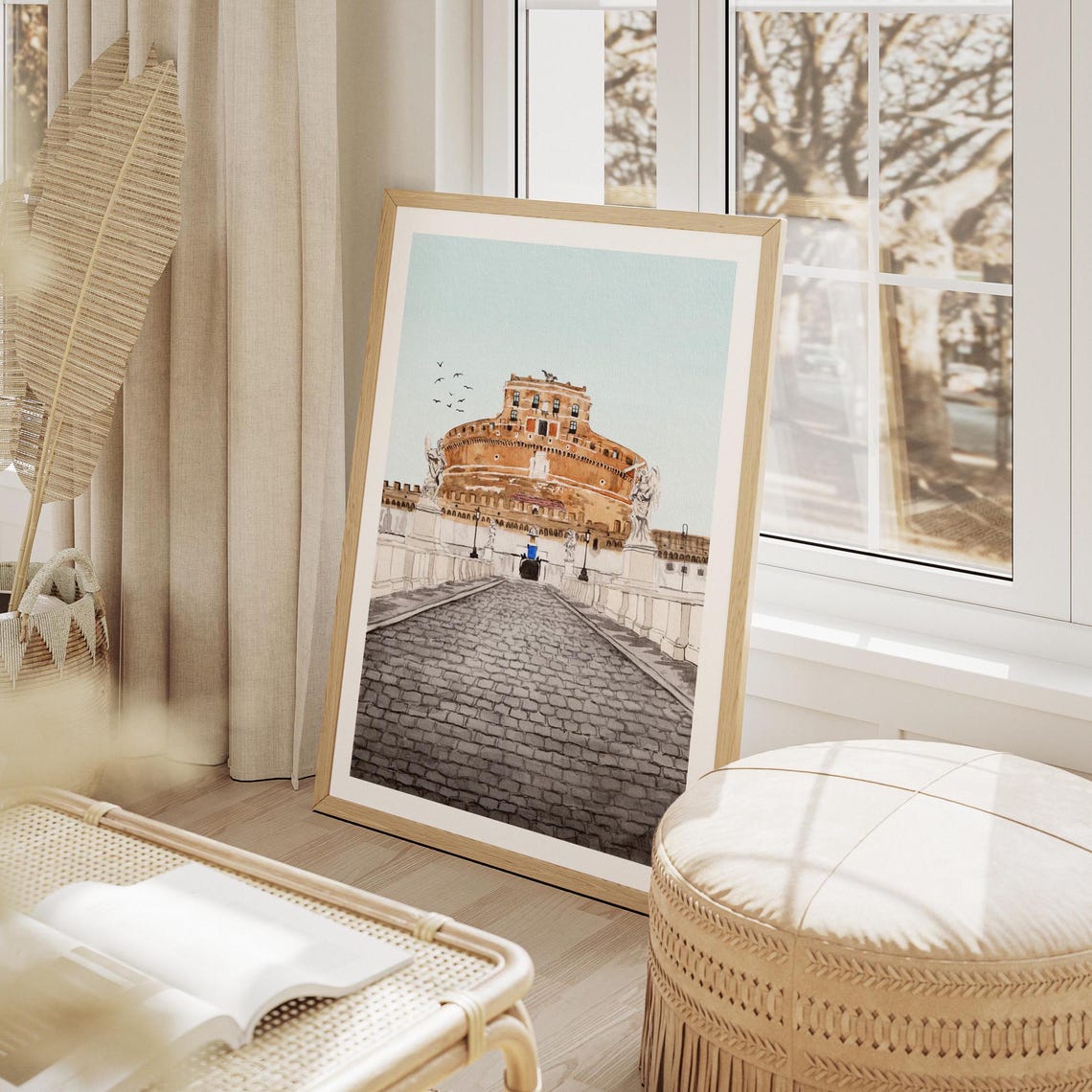 Rome Castel SantAngelo Bridge Morning Birds Watercolor Poster - Image 2