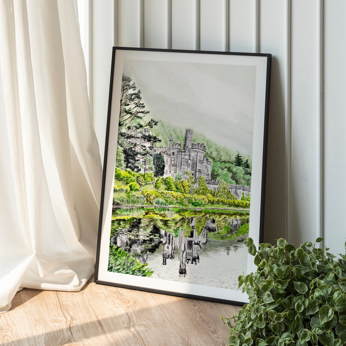 Kylemore Abbey Ireland Lake Reflection Mist Watercolor Poster - Image 2