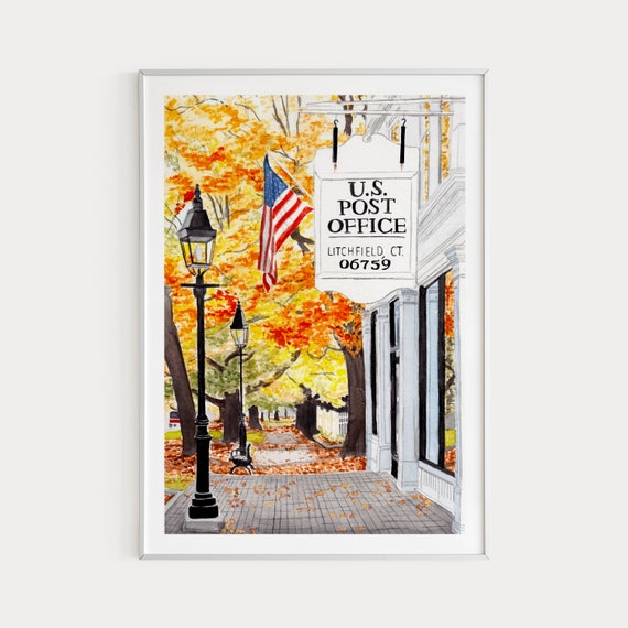 Litchfield Watercolor Travel Poster, Connecticut Cityscape