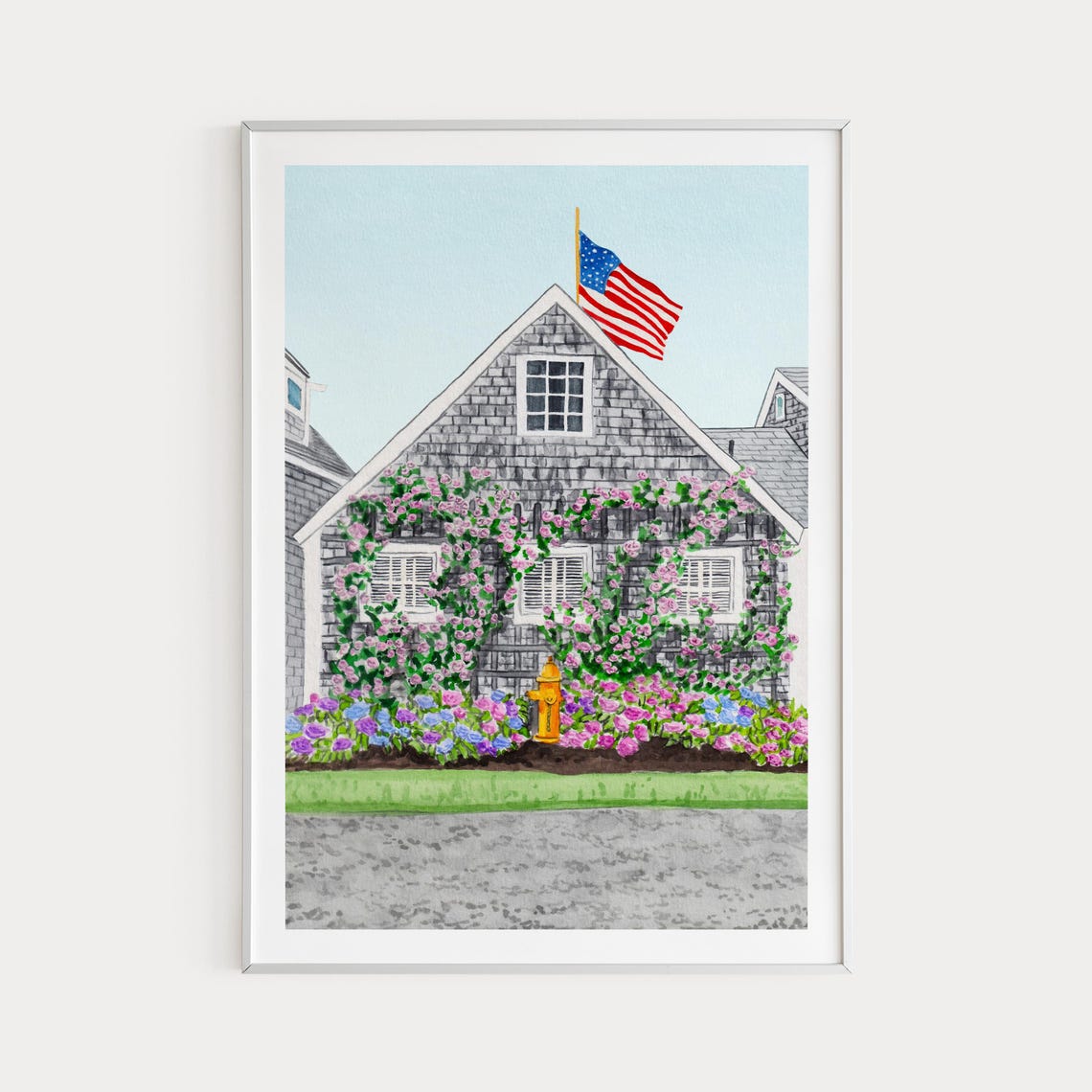Nantucket Grey Shingle House Roses Yellow Hydrant Flag Poster