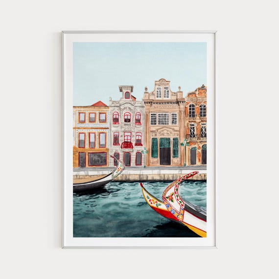 Aveiro Watercolor Travel Poster, Portugal Cityscape