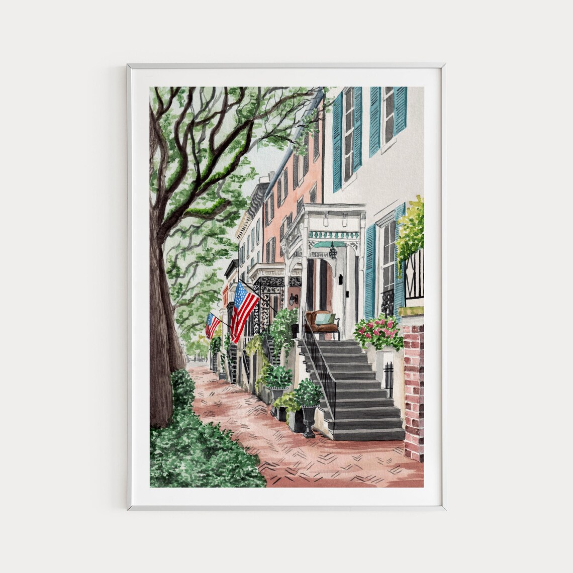Savannah Jones Street Watercolor Cityscape Art Print