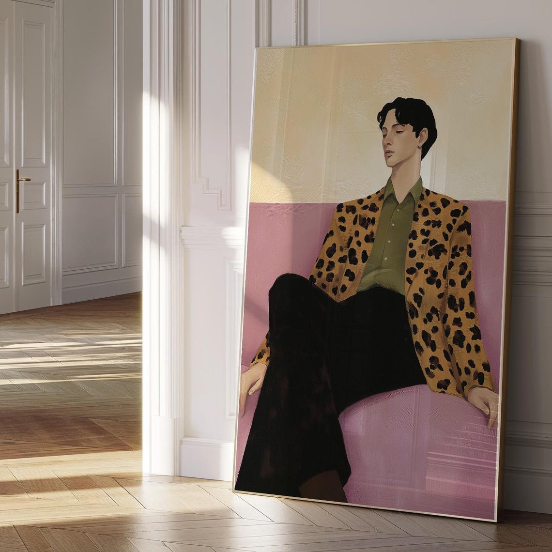 Stylish Man in Leopard Patterned Jacket Lounging on Pink Sofa Poster - Image 5