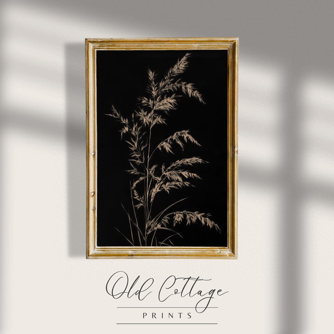 White Botanical Grasses On Black Moody Minimalist Floral Wall Art - Image 4
