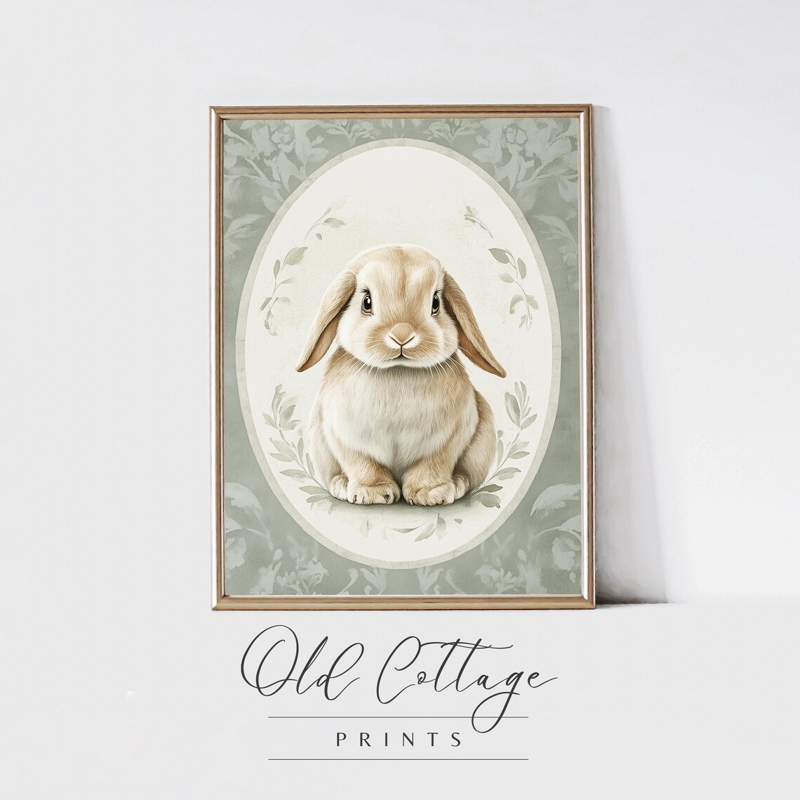Adorable Bunny Portrait In Oval Frame With Sage Floral Border Poster