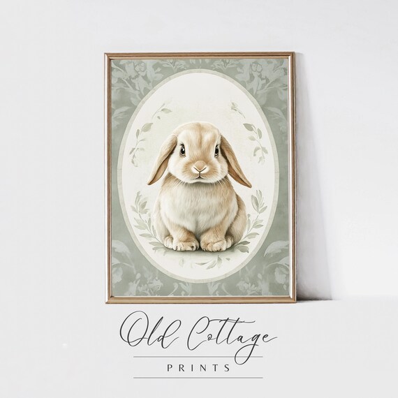 Adorable Bunny Portrait In Oval Frame With Sage Floral Border Poster