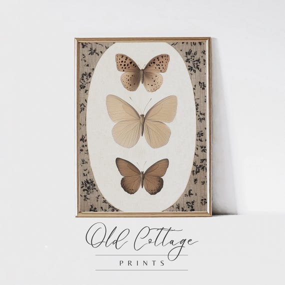 Vintage Butterfly Art Neutral Insect Print Botanical Butterfly Trio Wall Decor Nature Artwork For Neutral Home Decor