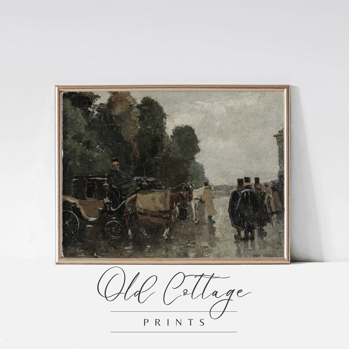 Moody Horse Carriages on Rainy Street Dark Vintage Art Poster