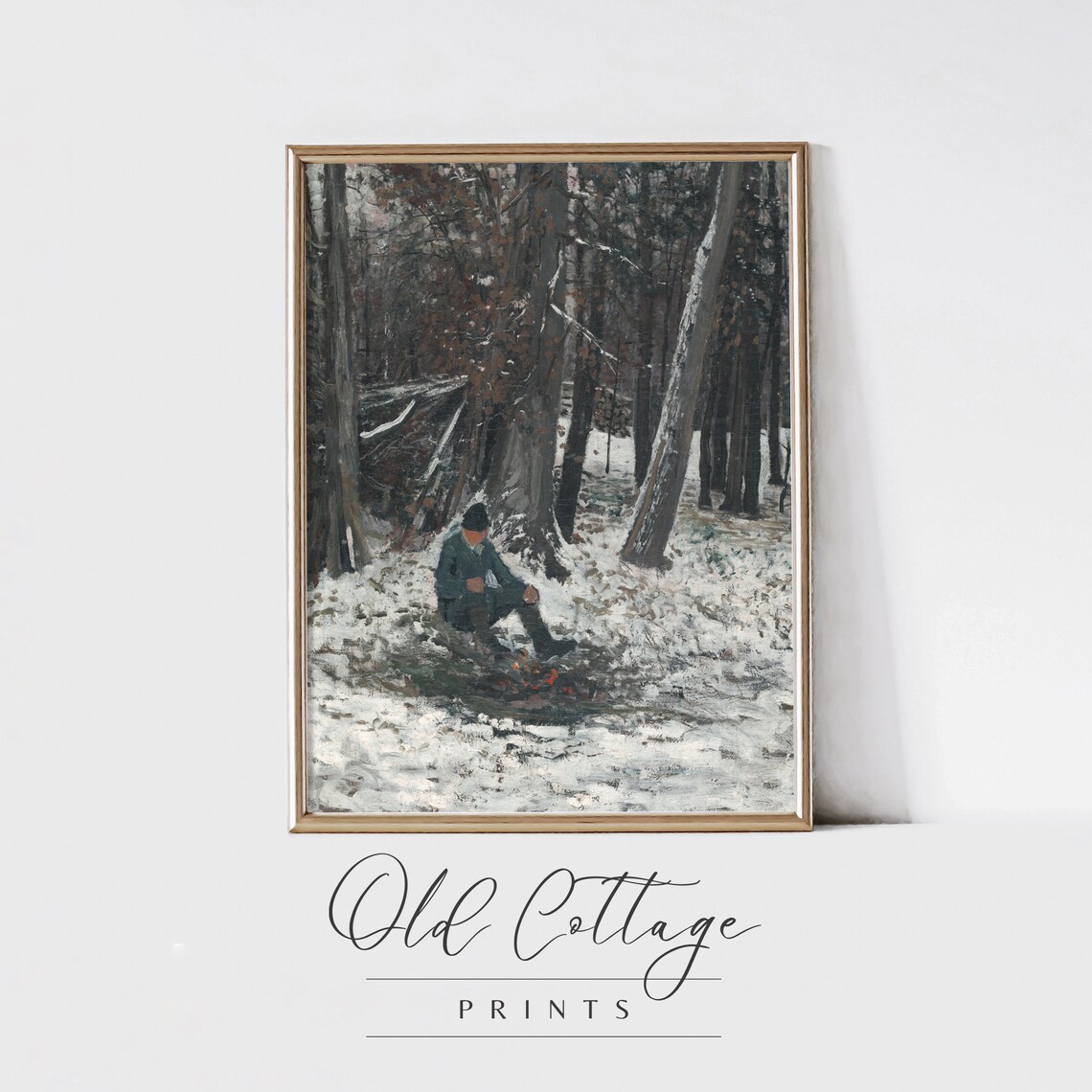Lone Campfire in Snowy Woods Moody Vintage Winter Art Poster