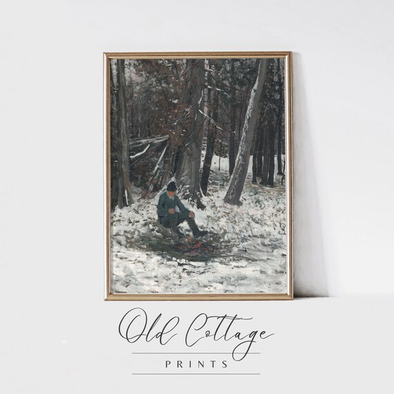 Lone Campfire in Snowy Woods Moody Vintage Winter Art Poster