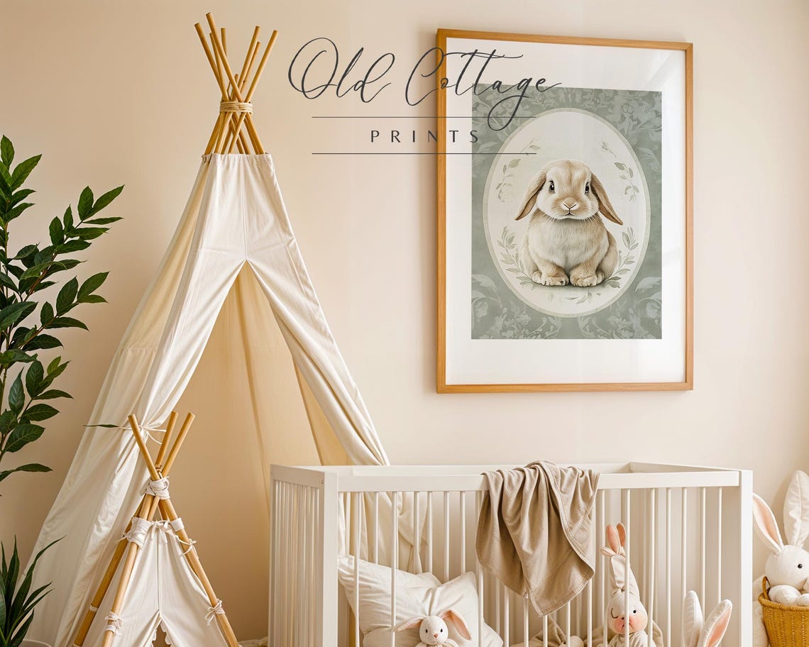 Adorable Bunny Portrait In Oval Frame With Sage Floral Border Poster - Image 2