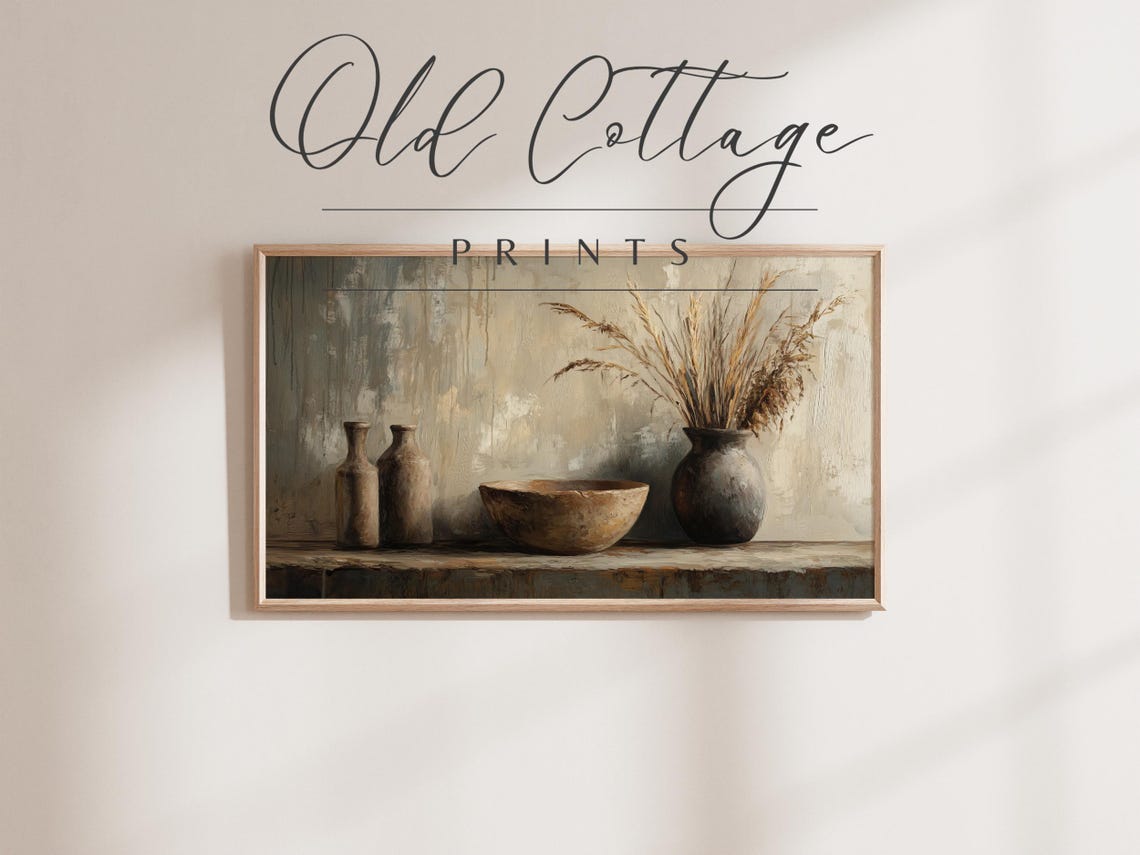 Rustic Clay Bottles Bowl and Vase with Dried Grasses Still Life Poster - Image 2