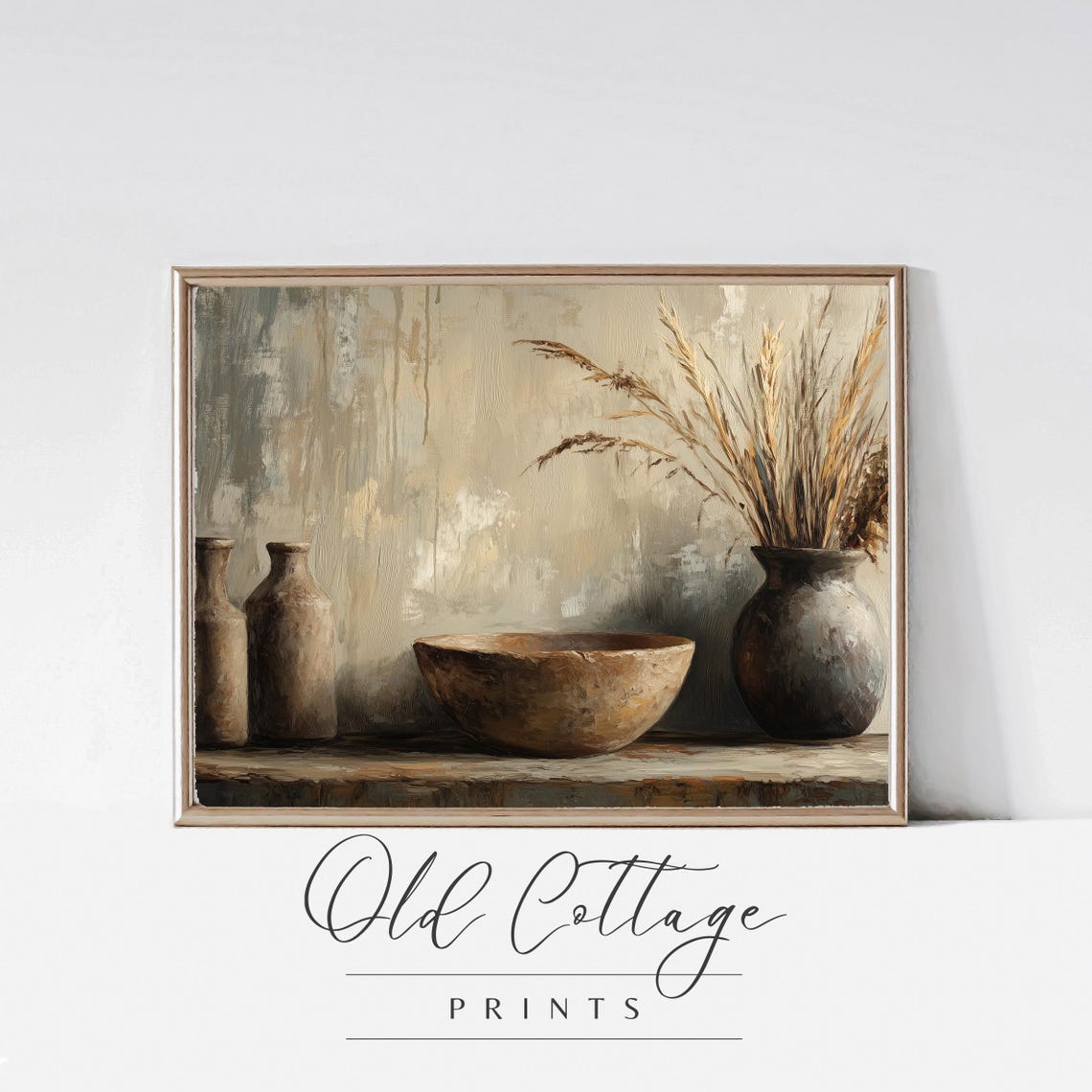 Rustic Earthen Still Life Bottles Bowl Vase with Dried Grasses Poster