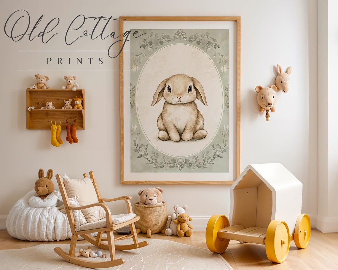 Fluffy Bunny In Oval Frame With Sage Green Nursery Border Poster - Image 3