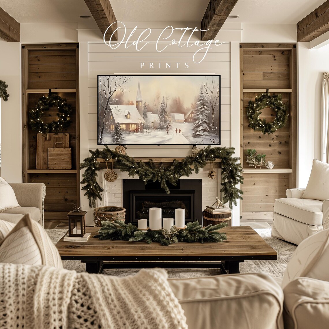 Snowy Village Church Winter Scene Vintage Christmas Night Landscape Poster - Image 2