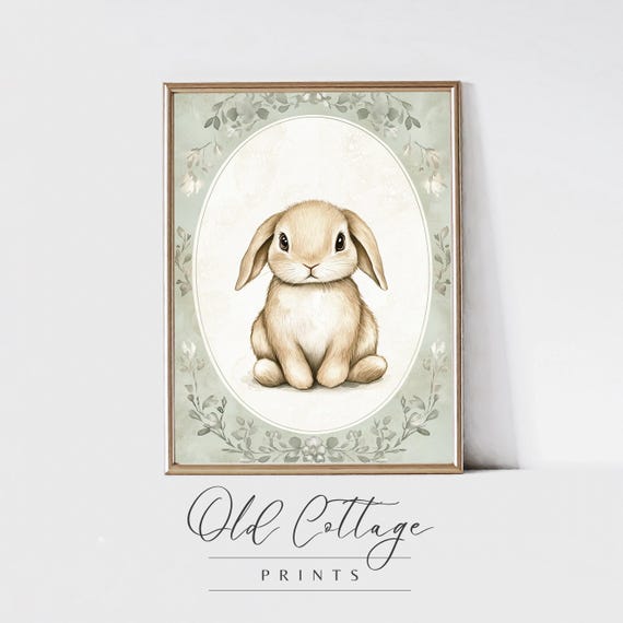Bunny Whispers Nursery Art Cute Fluffy Rabbit Print Vintage Green And Gray Floral Background Baby Room Decor