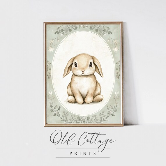 Fluffy Bunny In Oval Frame With Sage Green Nursery Border Poster