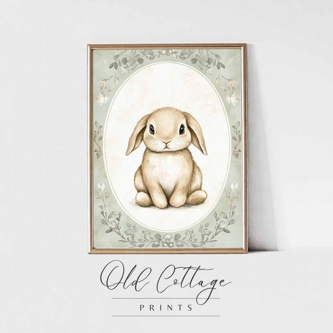 Fluffy Bunny In Oval Frame With Sage Green Nursery Border Poster