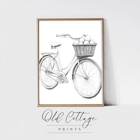 Vintage Bicycle Sketch Artwork Black And White Bike With Wicker Basket Print Rustic Nature Decor Cozy Farmhouse Wall Artwork