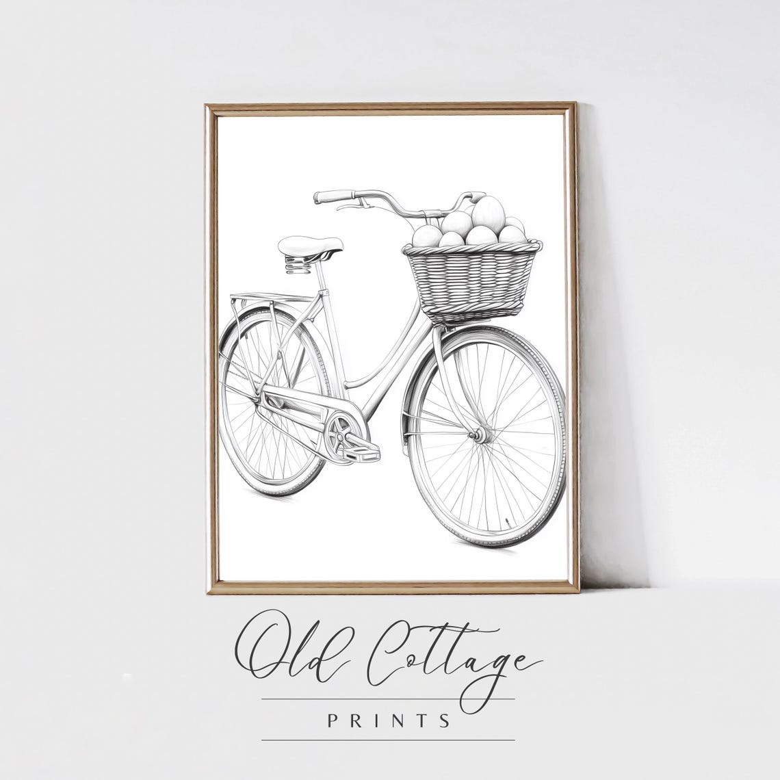 Vintage Bicycle Sketch with Wicker Basket Black and White Poster