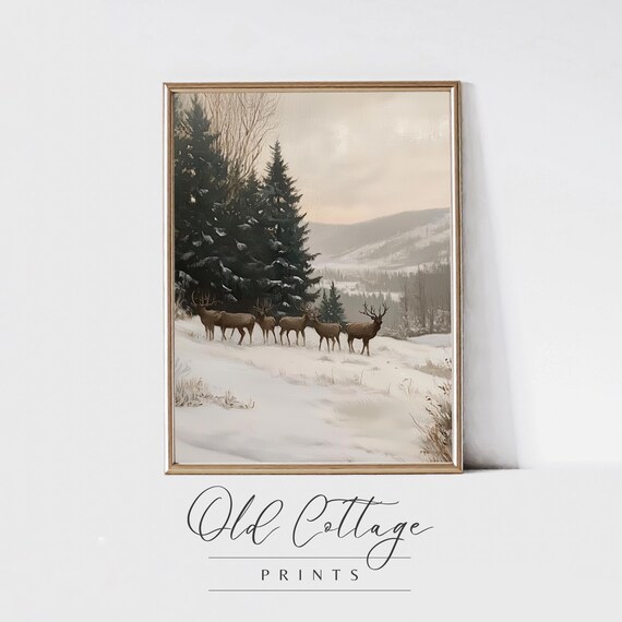 Deer Herd in Snowy Forest Muted Winter Wildlife Painting Print