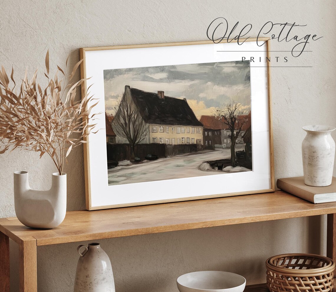 Snowy Village Street at Dusk Vintage Winter Landscape Art Print - Image 3
