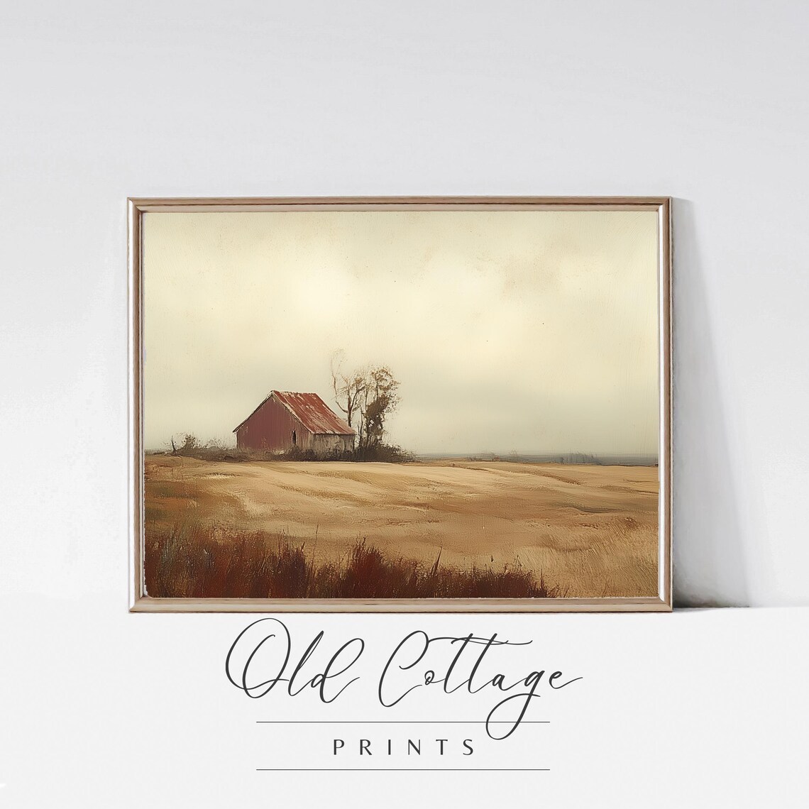 Weathered Red Barn in Golden Wheat Field Vintage Farmhouse Print