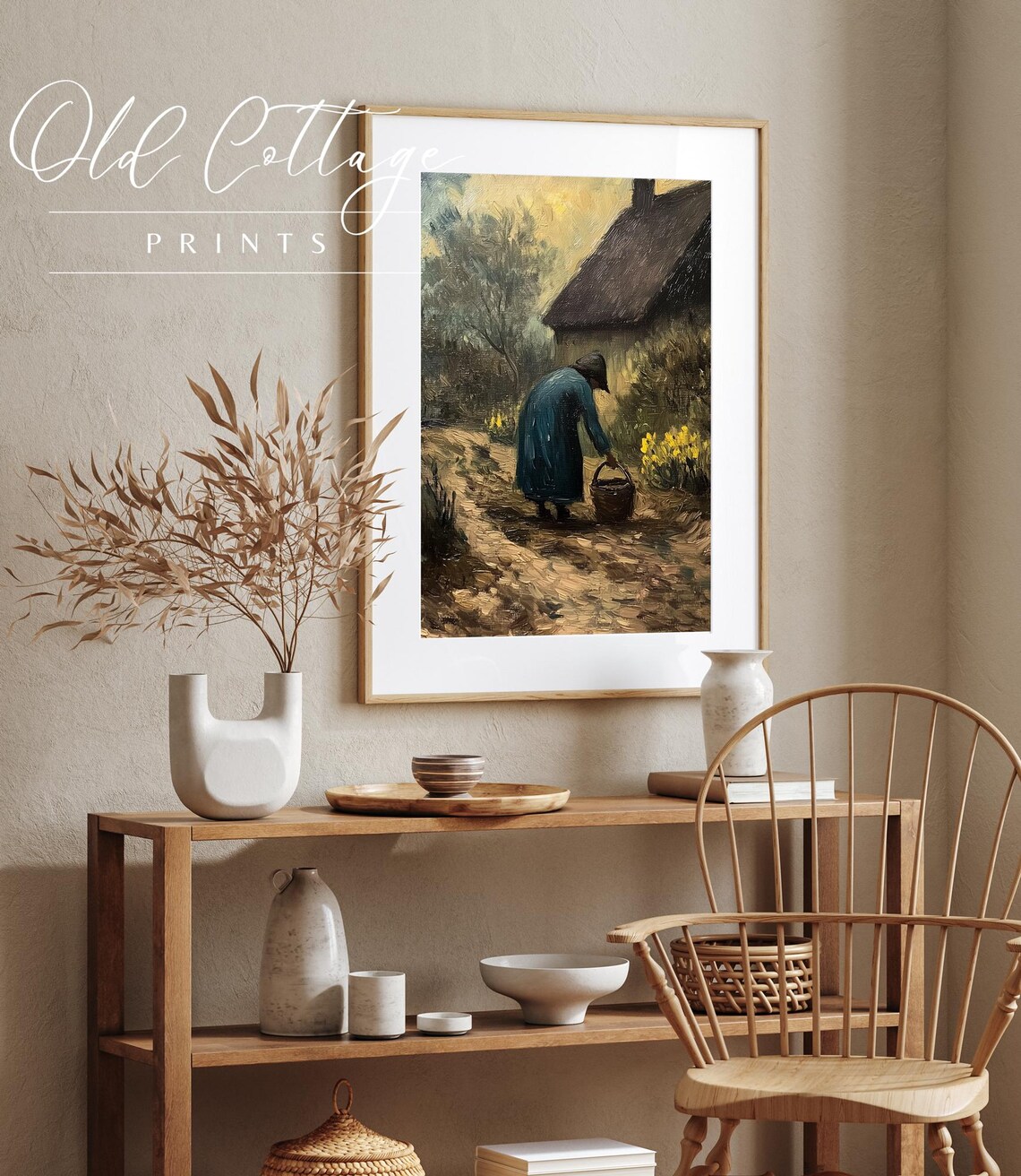 Vintage Rural Woman with Basket Walking to Cottage Garden Poster - Image 4