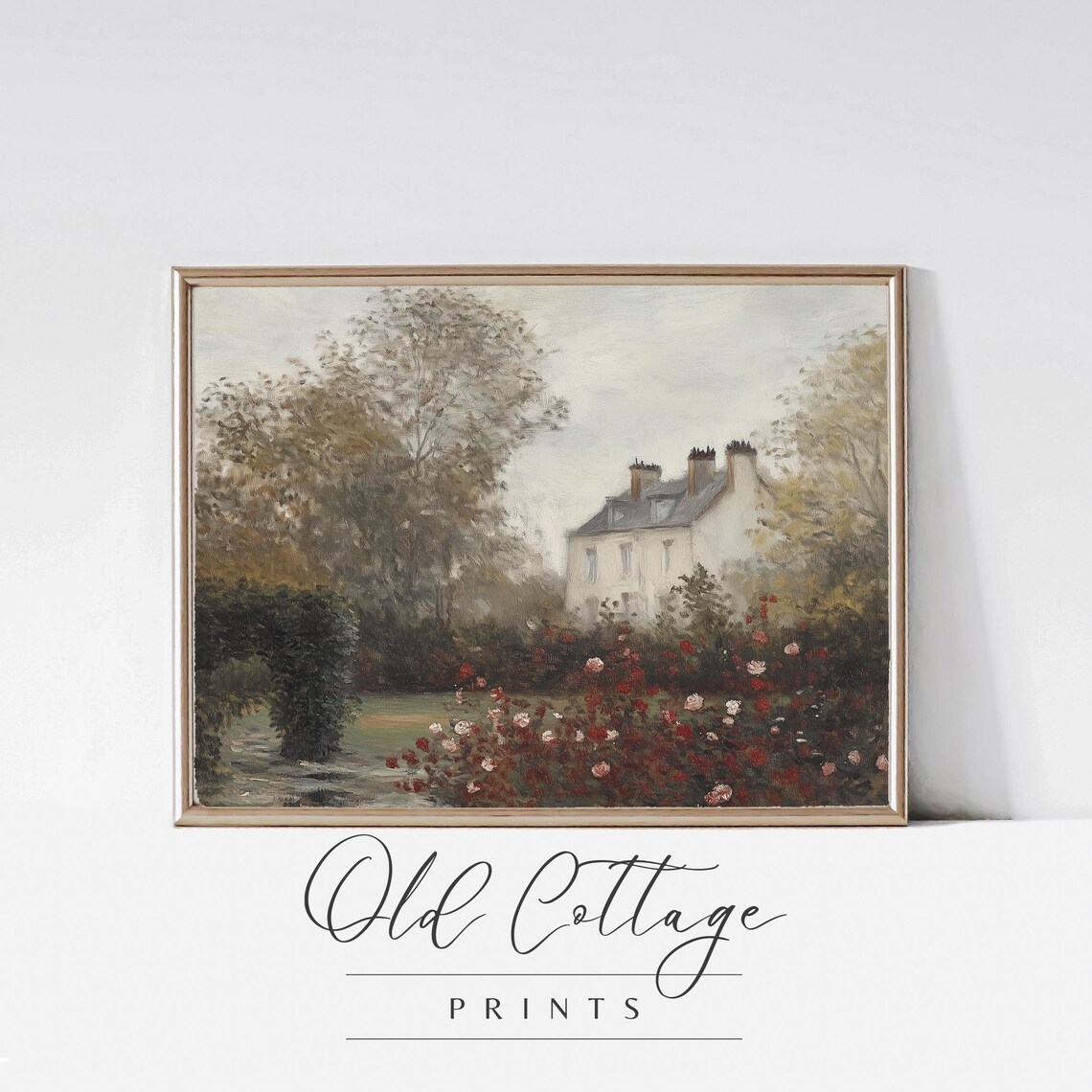 Rose Garden with Ivy Arch Vintage Cottage Garden Painting Print