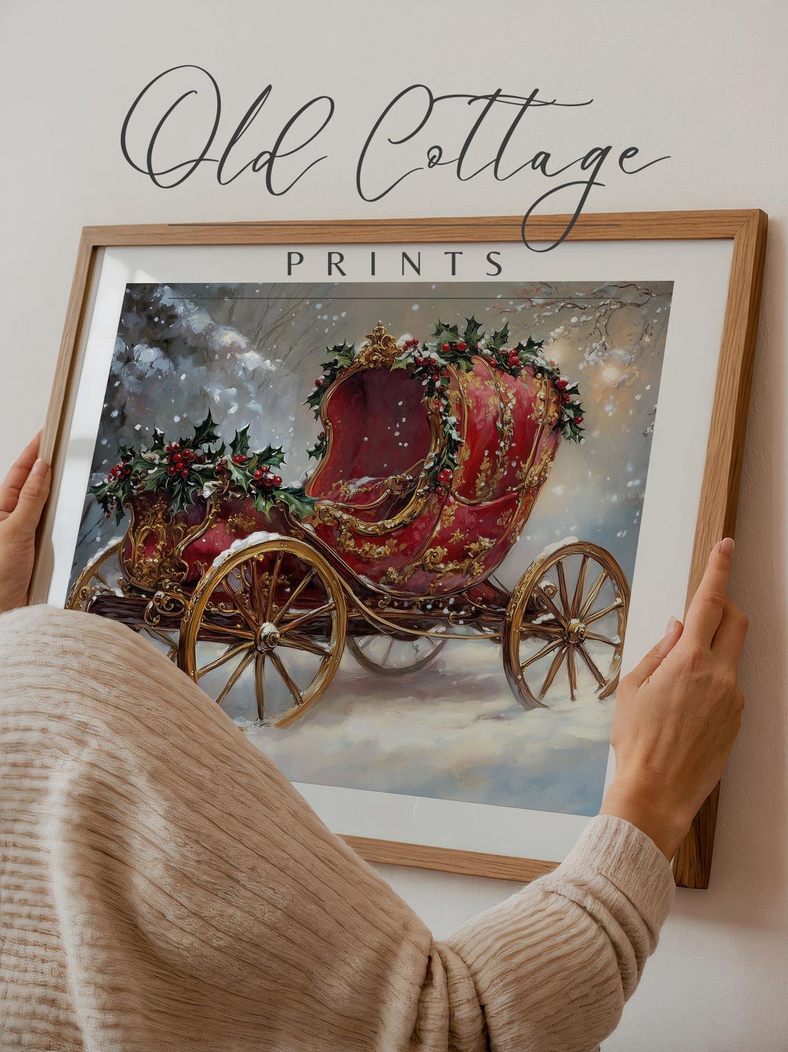 Red Vintage Horse Carriage Holly Snowy Day Christmas Painting Poster - Image 3