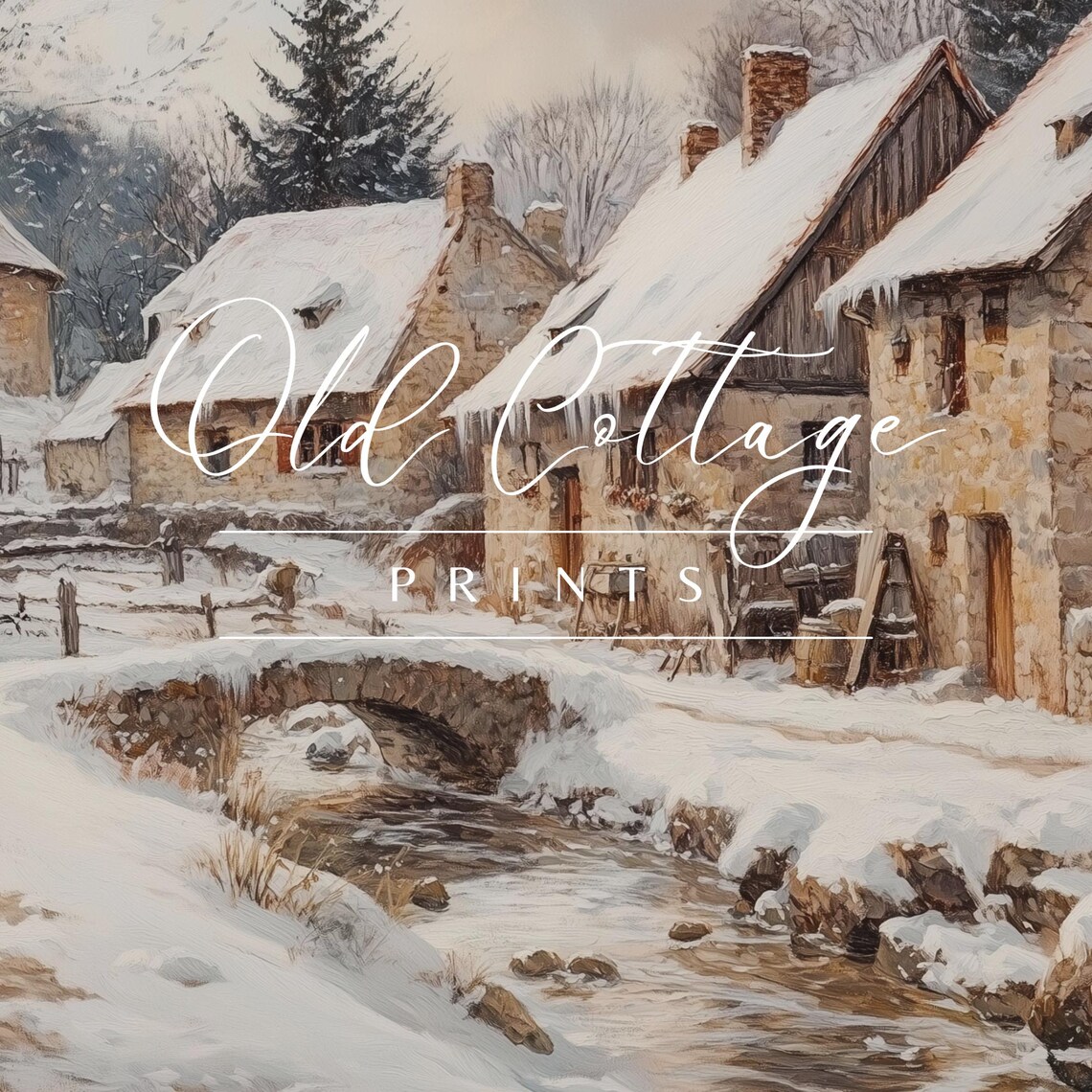 Snowy Stone Village Watermill Winter Stream Vintage Landscape Painting Poster - Image 4