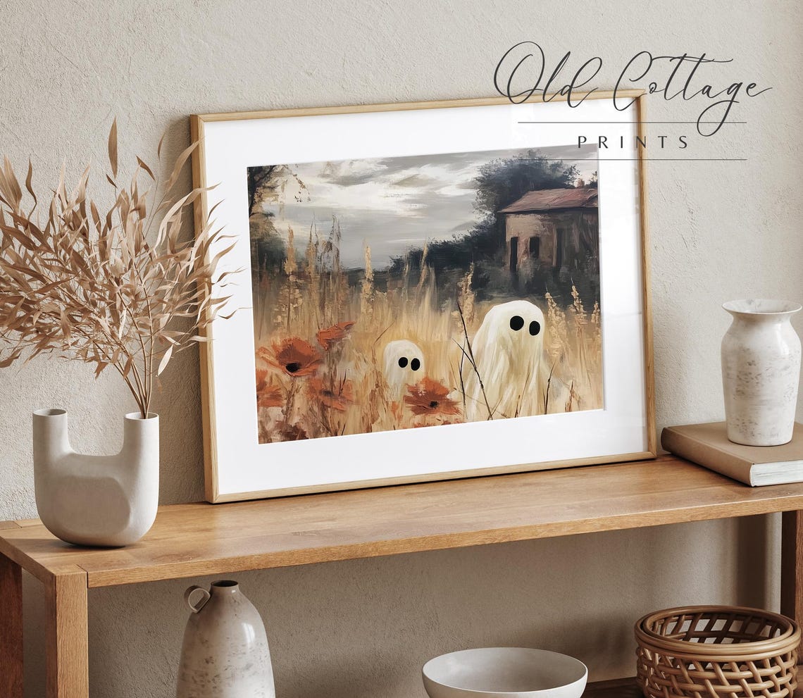 Ghosts in Autumn Flower Field Cute Spooky Halloween Art Poster - Image 3