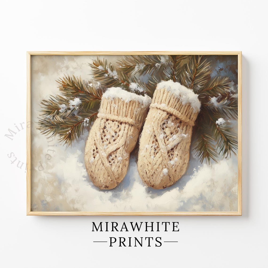 Knitted Mittens in Snow Pine Branches Cozy Winter Painting Print